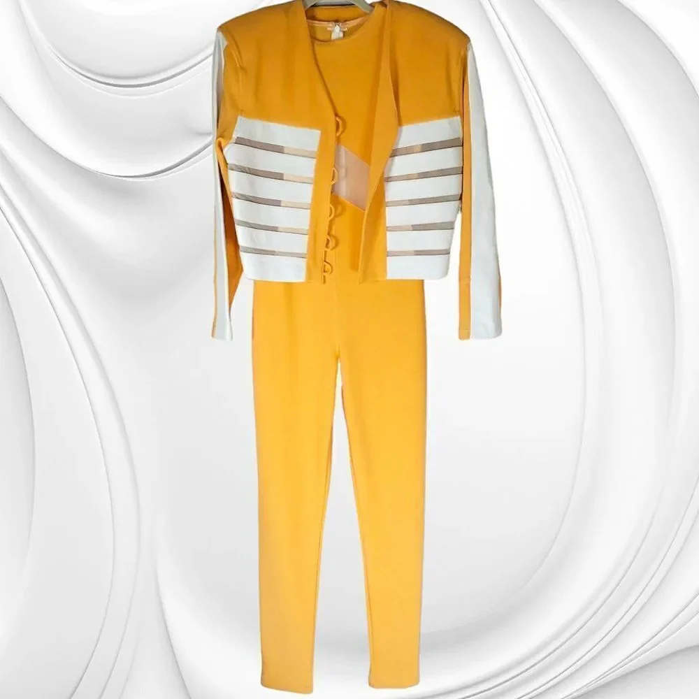 Andrea Isabella orange white leather sheer panel jumpsuit jacket set - Picture 1 of 9